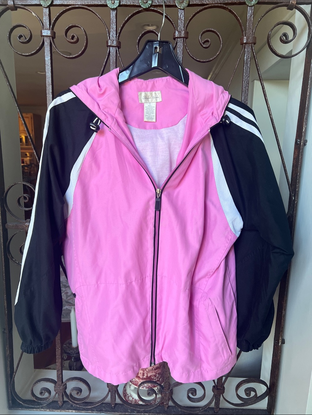 Studio Works Pink and Black Varsity-Style Hooded Jacket